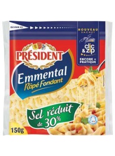 Emmental râpé au lait pasteurisé -30% de sel PRESIDENT, 28%MG, 150g