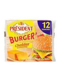 Fromage fondu au lait pasteurisé Burger'emmental cheddar 17%,PRESIDENT, 12 tranchettes, 200g
