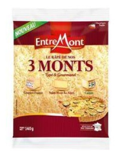 Fromage à pâte pressée cuite au lait cru râpé nos 3 monts 33% de MG, ENTREMONT, 140g