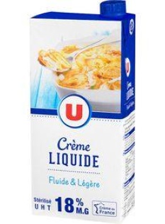 Crème UHT liquide U 18% de MG, brique de 1l