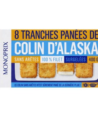 Tranches panées de colin d'Alaska, préfrites sans arête, surgelées