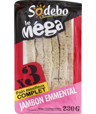 Le mega club complet au pain de mie complet garni de jambon cuit standard et d'emmental