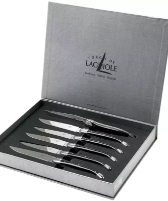 Forge de Laguiole coffret de 6 couteaux steak corne noire, T62MINBN