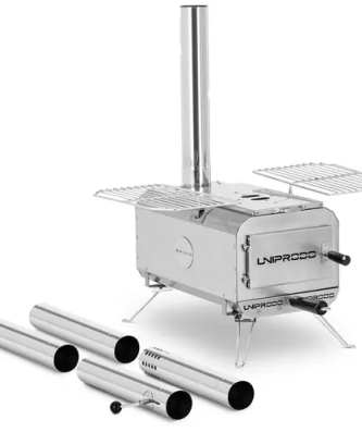 Poêle à bois pour tente - argenté - pliable - 460 x 280 x 231 mm - acier inoxydable