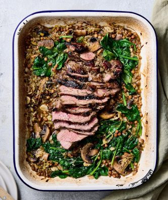One Tray Lamb Roast with Lentils and Spinach