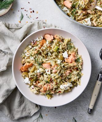 Salmon Risoni with Leek & Green Olives