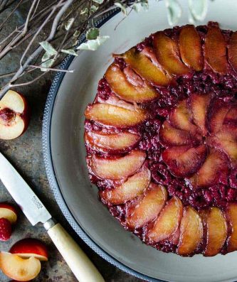 Gluten Free Plum & Raspberry Upside Down Cake