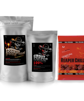 Carolina Reaper, Moruga Scorpion, Naga Jolokia Ghost Pepper Gousses séchées 10g 3 Pk Chili Challenge