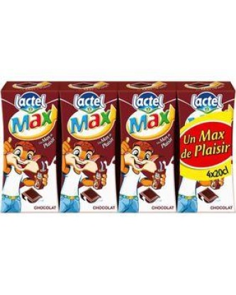 Boisson lactée UHT arômatisée chocolat LACTEL MAX, brique edge 4x20cl