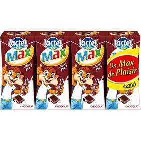 Boisson lactée UHT arômatisée chocolat LACTEL MAX, brique edge 4x20cl