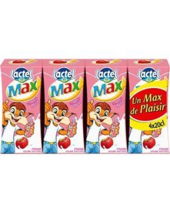 Boisson lactée UHT aromatisée fraise LACTEL MAX, 4x20cl