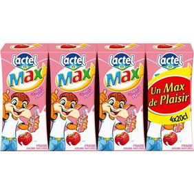 Boisson lactée UHT aromatisée fraise LACTEL MAX, 4x20cl
