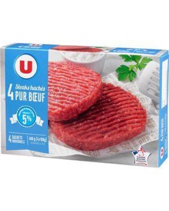 Steaks hachés pur boeuf 5%MG VBF U, 4x100g. Viande bovine française