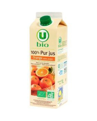 Pur jus d'orange sans pulpe U BIO, brique de 1l
