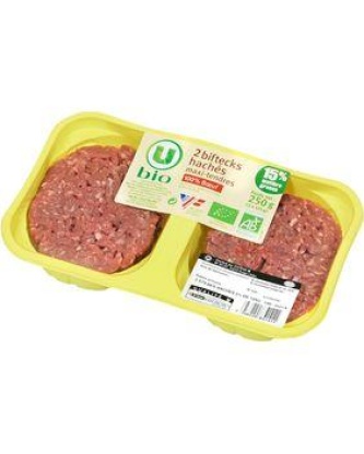 Steack haché maxi tendre, 15% MAT.GR., U BIO, France, 2 pièces, 250g