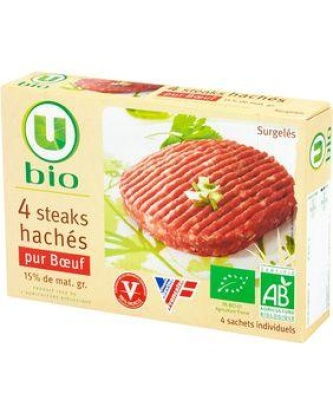 Steaks hachés U BIO, 15%MG, 4 pièces, 400g. Origine de la viande :France