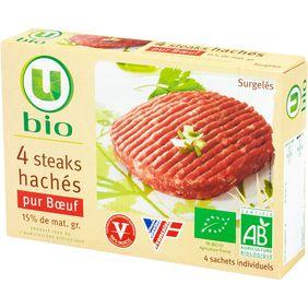 Steaks hachés U BIO, 15%MG, 4 pièces, 400g. Origine de la viande :France