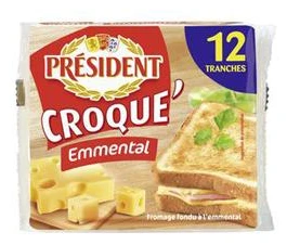 Fromage fondu au lait pasteurisé Croque'Emmental, 18%MG, PRESIDENT,12 tranchettes, 200g
