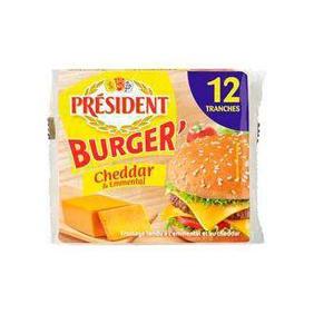 Fromage fondu au lait pasteurisé Burger'emmental cheddar 17%,PRESIDENT, 12 tranchettes, 200g