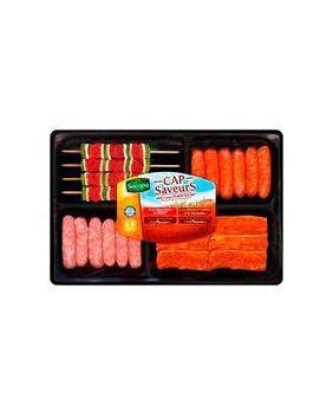 Viande de porc assaisonnée + chipolata + merguez + brochette de boeuf,SOCOPA, barquette 810g