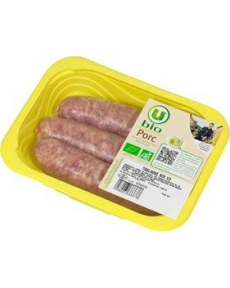 Saucisse de Toulouse, U BIO, 3 pièces, barquette, 300g