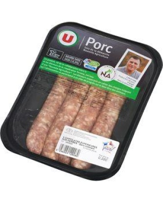 Chipolata sans colorant aux herbes, U, France, 4 pièces, barquette, 220g