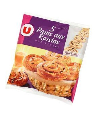 Pains aux raisins pur beurre prêt à cuire U, x5, sachet 550g