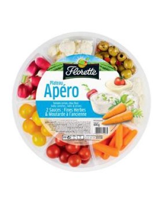 Plateau apéro(tomate cerise, céléri brche, maïs, chou-fleur, carotte,radis, olive, 2 sauces), F...