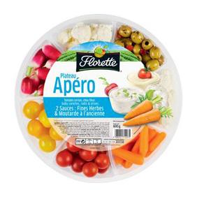 Plateau apéro(tomate cerise, céléri brche, maïs, chou-fleur, carotte,radis, olive, 2 sauces), F...