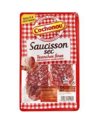 Saucisson sec pur porc prétranché COCHONOU, 100g