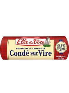 Beurre demi sel de laiterie de Condé sur Vire ELLE & VIRE, 80%MG, rouleau de 250g