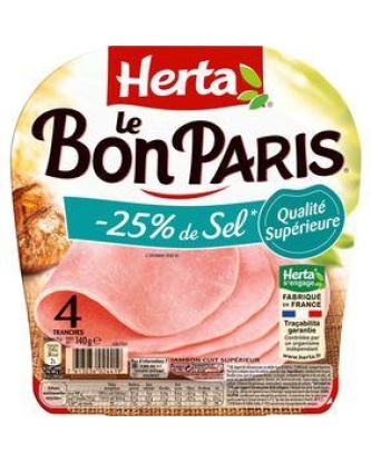 Jambon de Paris Découenné Dégraissé Le Bon Paris -25% de sel HERTA, 4tranches 140g