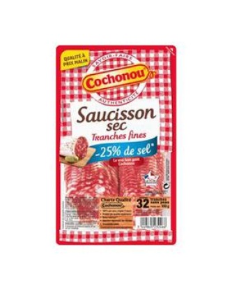 Saucisson sec supérieur pur porc teneur sel réduit, COCHONOU, 35 tranch es de 100g