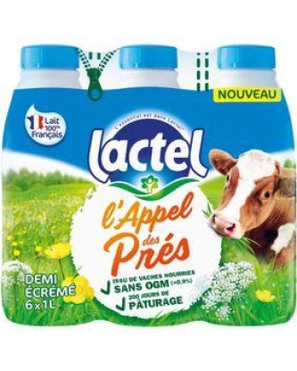 Lait UHT demi-écrémé L'APPEL DES PRES DE LACTEL, pack de 6 bouteillesde 1 litre