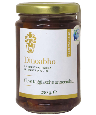 Olives Taggiasca 250g net dénoyautées à l'huile d'olive Taggiasca - Dinoabbo