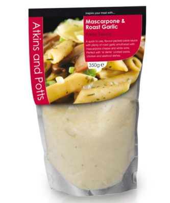 Atkins & Potts Sauce pour pâtes au mascarpone et à l'ail rôti sans gluten 350g