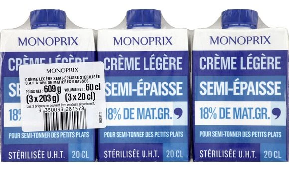 Crème légère semi-épaisse 18% de matière grasse