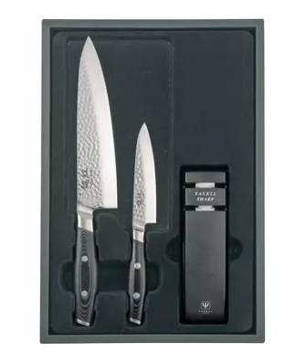 Yaxell Tsuchimon 36753, coffret cadeau 3 pièces couteau de chef, couteau utilitaire et aiguiseur de couteaux