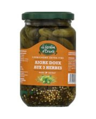 Cornichons extra fins vinaigre doux aux 3 herbes
