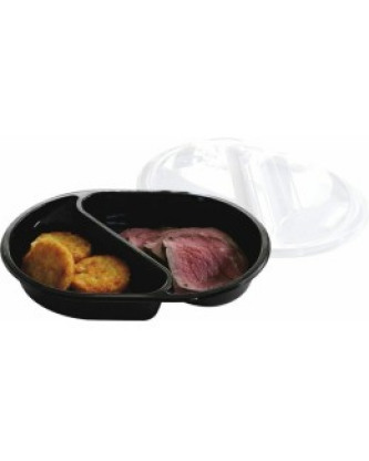 Barquette plastique CPET 2 compartiments noire avec couvercle spécial four 900 ml - par 40