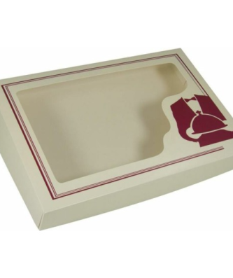 Boîte traiteur carton avec fenêtre ivoire et bordeaux 42 x 28 x 6 cm - par 25