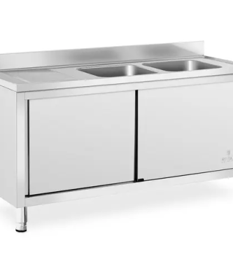 Plonge inox sur meuble - 2 bacs - Royal Catering - Acier inoxydable - 400 x 400 x 250 mm