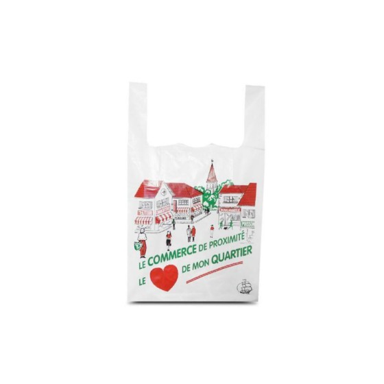 Sac bretelles plastique BD 50 microns "Commerce de proximité" 30 x 7 + 7 x 50 cm - par 500