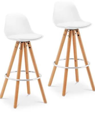 Tabouret de bar - Lot de 2 - Avec dossier - Pieds en bois - Coloris blanc