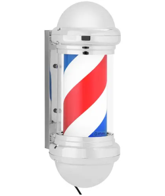 Enseigne de barbier - rotatif et éclairé - 250 mm de hauteur - 31 cm de distance au mur - support argenté