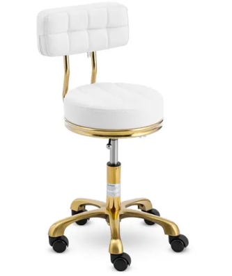 Tabouret à roulette avec dossier - 51 - 66 cm - 150 kg - Blanc /Doré