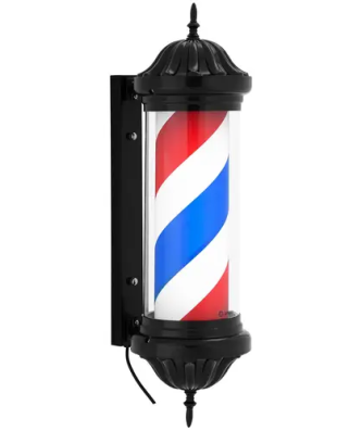 Enseigne de barbier - rotatif et éclairé - 380 mm de hauteur - 31 cm de distance au mur - support noir