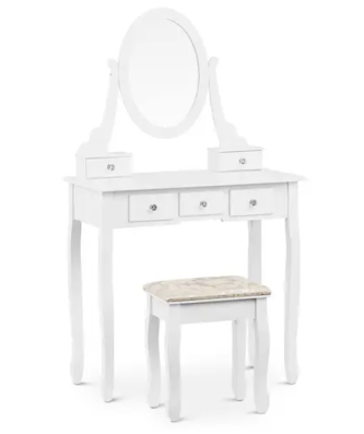 Coiffeuse avec miroir ovale et tabouret - 5 tiroirs - blanc
