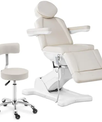 Fauteuil esthétique et tabouret à roulettes avec dossier - Beige / blanc