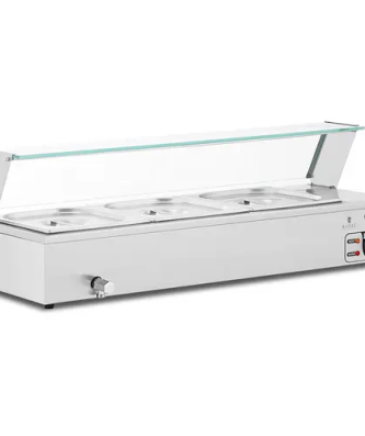 Le distributeur de soupe multifonction : parfait pour le bortsch et pour la fondue Qu'on s'en serve à l'hôtel, au restaurant, dans les soupes populaires ou pour présenter les plats de traiteur : le distributeur de soupe issu de la gamme de matériel de restauration Royal Catering maintient efficacement les bouillons, sauces et autres délices comme le chocolat liquide et la fondue au fromage à la température parfaite. Des plats juste à la bonne température dans les restaurants, les stands de nourriture et les soupes populaires Ce distributeur de soupe dispose de deux récipients ronds de 14 l et de couvercles sur mesure. Au bas de l'appareil, deux molettes permettent de sélectionner la température désirée sur une plage de 30 - 110 °C. En raison de la fourchette de températures à disposition, ce matériel de restauration est idéal pour maintenir au chaud la fondue ou encore pour faire fondre le chocolat. La soupière présentée sur cette page fait appel au principe du bain-marie. Elle s'avère à la fois très efficace et extrêmement pratique du fait de sa puissance de 1000 W et de son fonctionnement en circuit fermé. Grâce à ce dernier, elle n'a d'ailleurs pas besoin d'être remplie d'eau – contrairement à la vaste majorité des bains-marie. Ce chauffe-soupe électrique est fait d'acier inox de grade alimentaire, un matériau durable, robuste et très facile à nettoyer. Grâce à son format compact et à son design épuré, l'appareil est sûr de n'occuper qu'un minimum d'espace tout en se mariant bien à n'importe quelle cuisine.